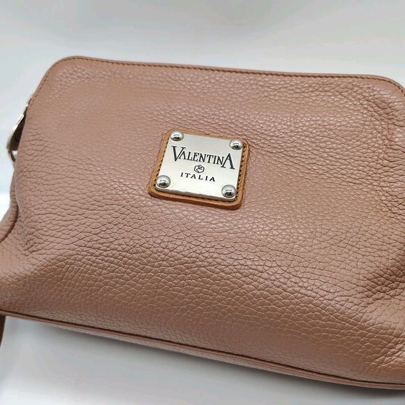 Valentina Taupe Tan Pebbled Leather Shoulder Bag Crossbody Purse Neutral Italy - Picture 2 of 16